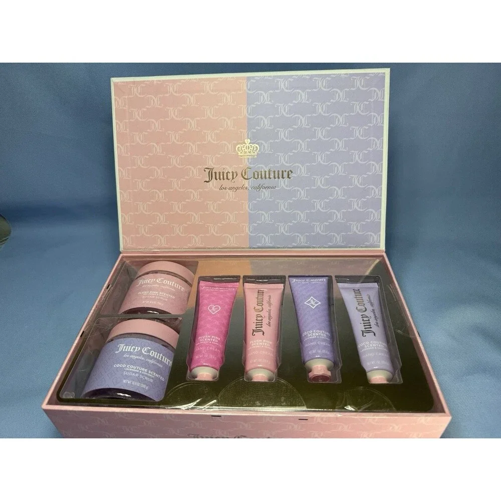 Juicy Couture 6 Piece Self Care Set, 2 Sugar Scrubs 4 Hand Creams Open Box